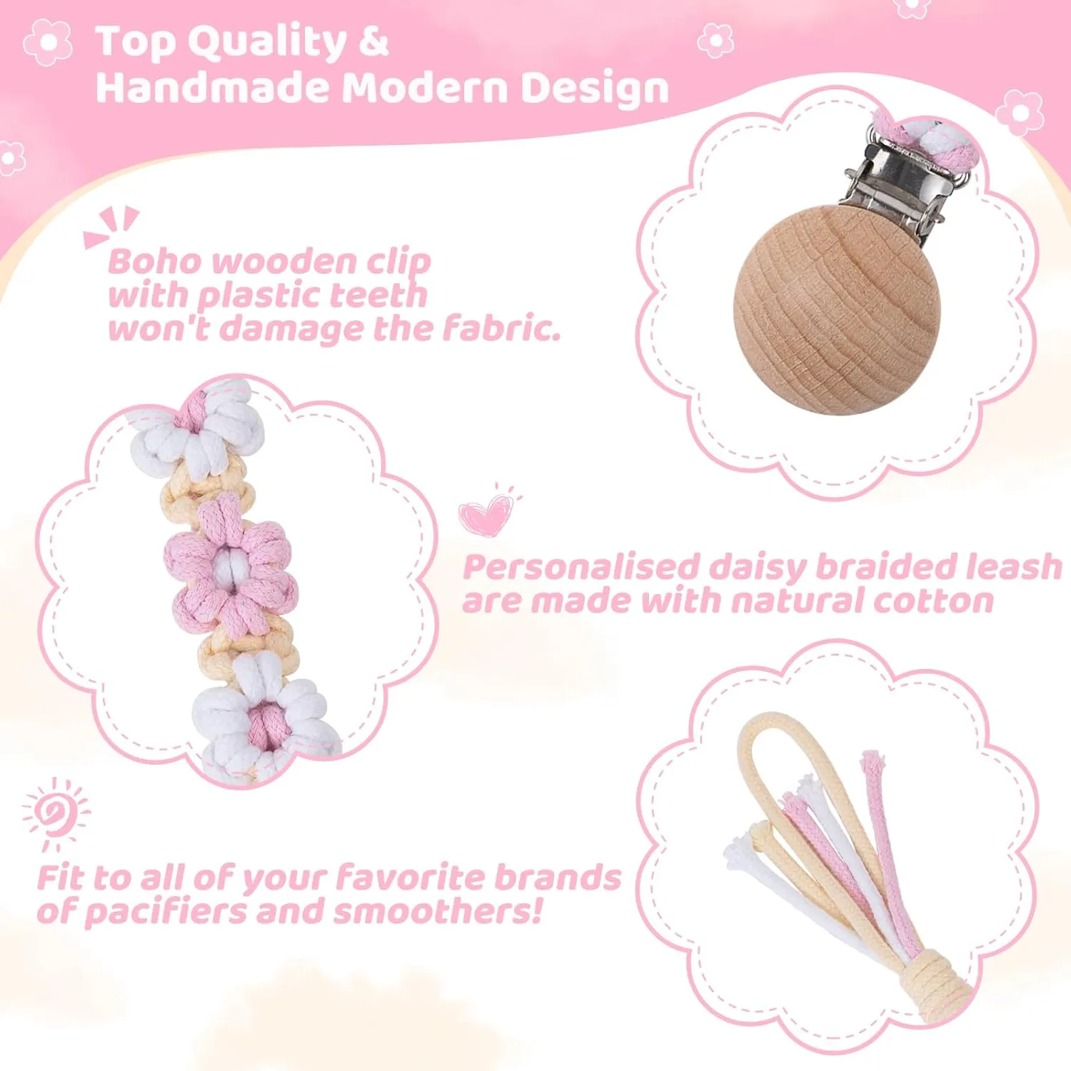 Pacifier Clip for Boys Girls Floral Daisy Macrame Baby Paci Clip Pacifier Holder Leash Boho Wooden Clips Handmade Braided Cotton Binky Clips (2pack:Pink Daisy & Lavender Style B)