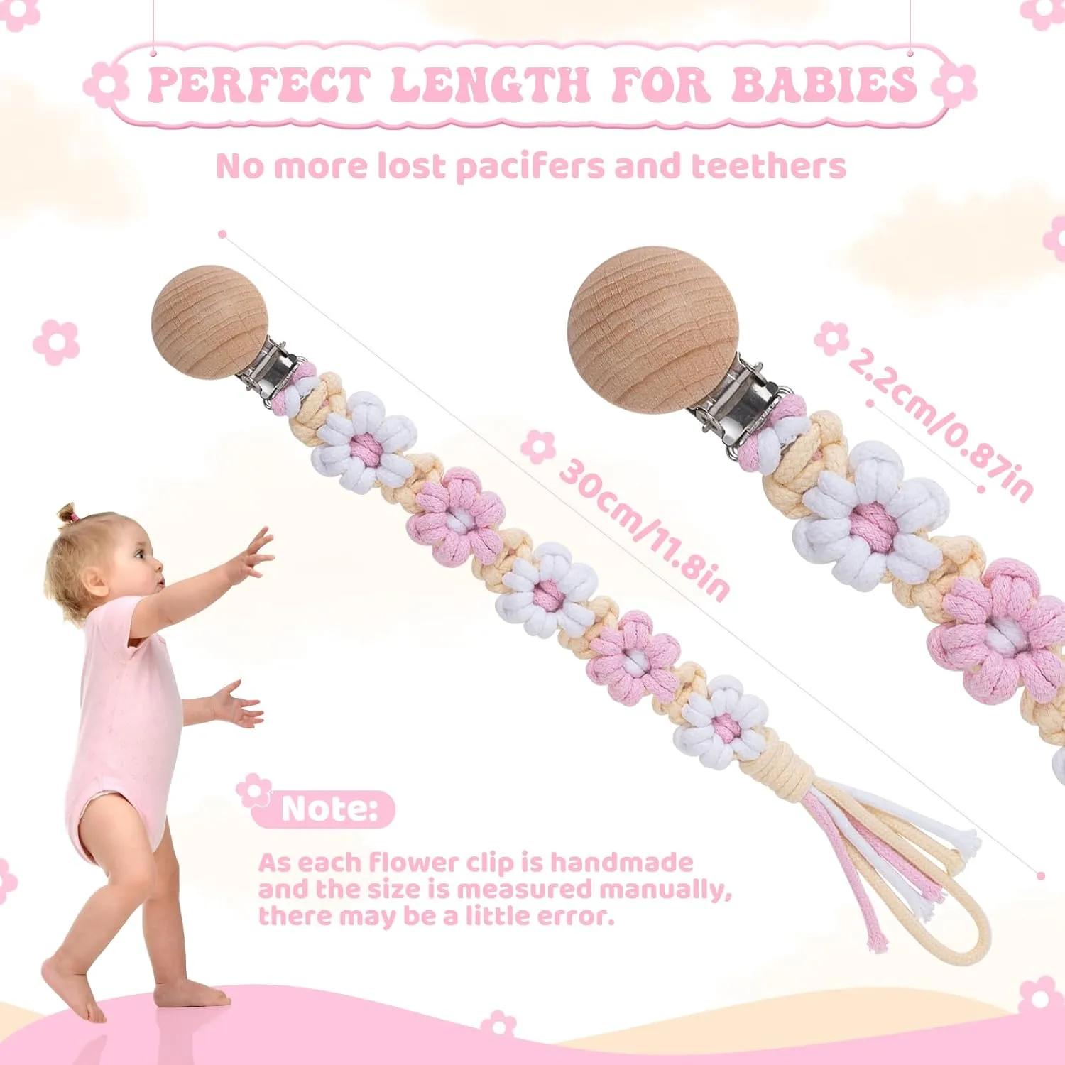 Pacifier Clip for Boys Girls Floral Daisy Macrame Baby Paci Clip Pacifier Holder Leash Boho Wooden Clips Handmade Braided Cotton Binky Clips (2pack:Pink Daisy & Lavender Style B)