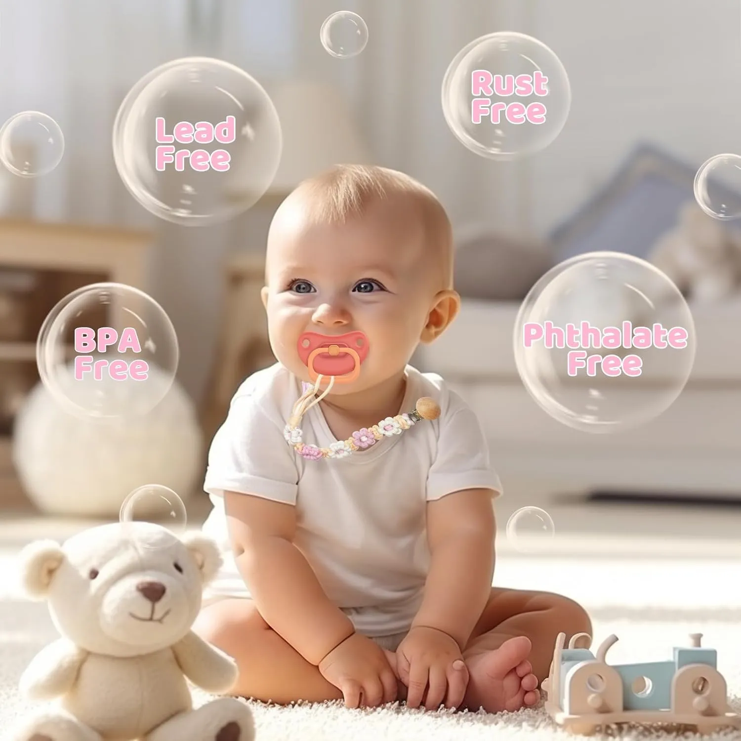 Pacifier Clip for Boys Girls Floral Daisy Macrame Baby Paci Clip Pacifier Holder Leash Boho Wooden Clips Handmade Braided Cotton Binky Clips (2pack:Pink Daisy & Lavender Style B)