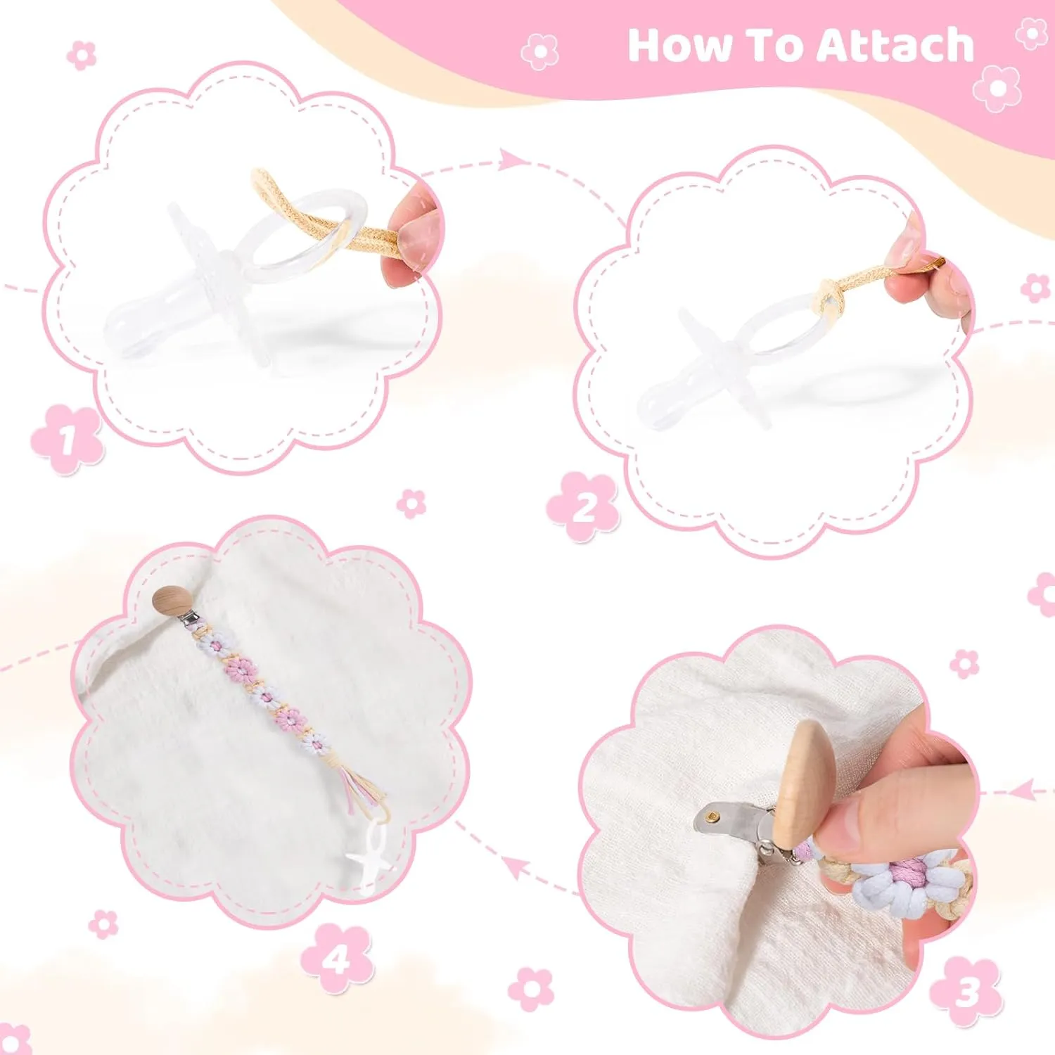 Pacifier Clip for Boys Girls Floral Daisy Macrame Baby Paci Clip Pacifier Holder Leash Boho Wooden Clips Handmade Braided Cotton Binky Clips (2pack:Pink Daisy & Lavender Style B)