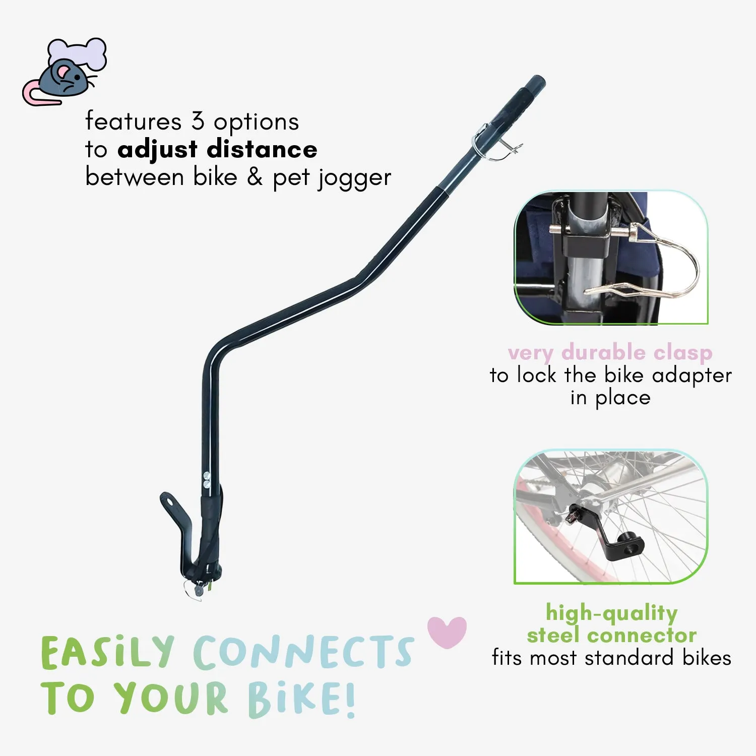 Pet Jogger Bike Adapter: Attaches Securely, Adjustable Distance, Durable Clasp, Portable, Lightweight, Sturdy, Durable, COMPATIBLE WITH PETIQUE JOGGERS ONLY