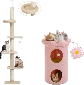 PETEPELA Cat Tree, 5-Tier Height (95-107 Inches), Adjustable, Large Cat House with Removable Flower Cat Bed, Cat Tower with Scratching Post, Cozy Bed, Interactive Ball Toy for Indoor Cats/Kitten
