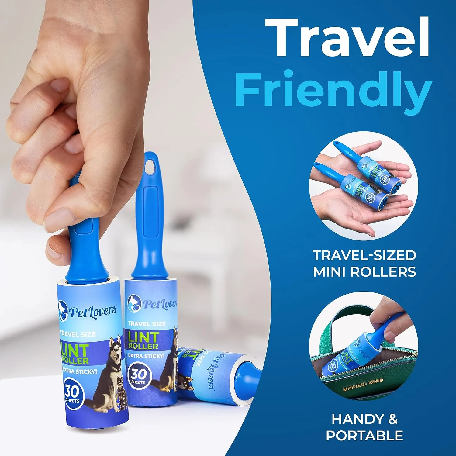 PetLovers Mini Lint Rollers for Travel 4 Pack - Small Sized Lint Removers for Easy Portability, Great for Pet Hair and Debri Pickup