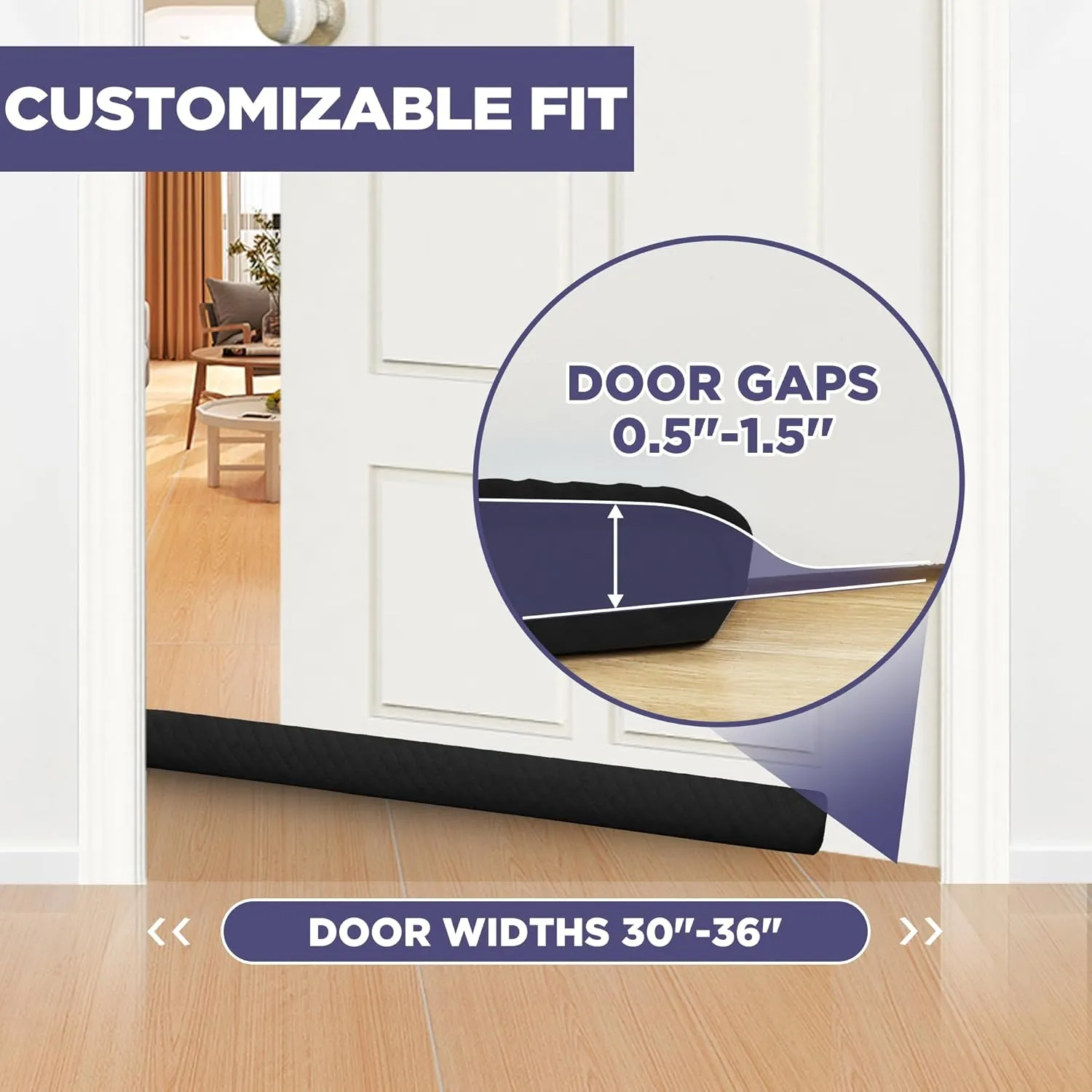 Premium Velvet Door Draft Stopper, 30'' to 36'' Adjustable Gap Filler, Double-Sided Windproof Seal, Easy Install to Block Noise, Cold Air, Light, Dust, and Drafts