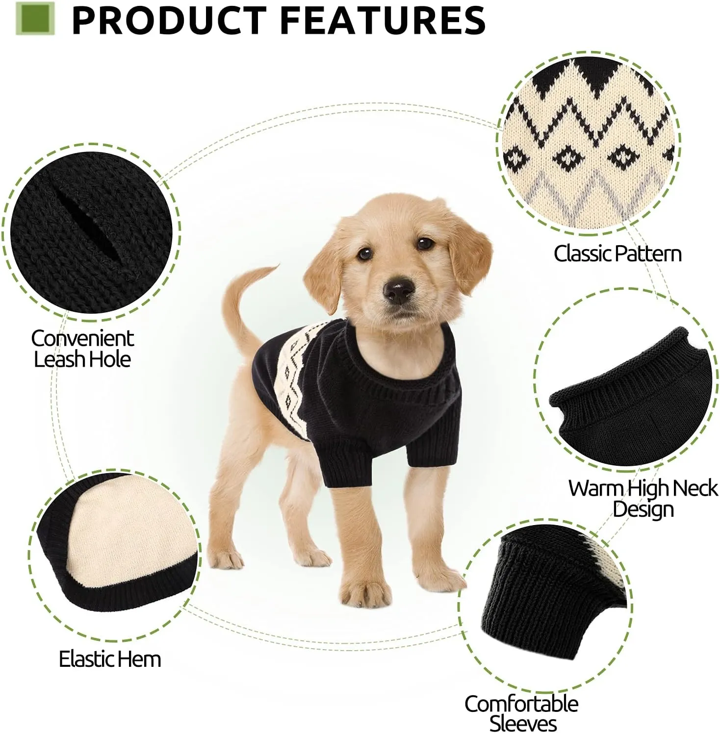 Queenmore Warm Dog Sweater, Soft Pet Knitwear, Knitted Pullover, Winter Pet Clothes for Small Medium Dogs Cats Black