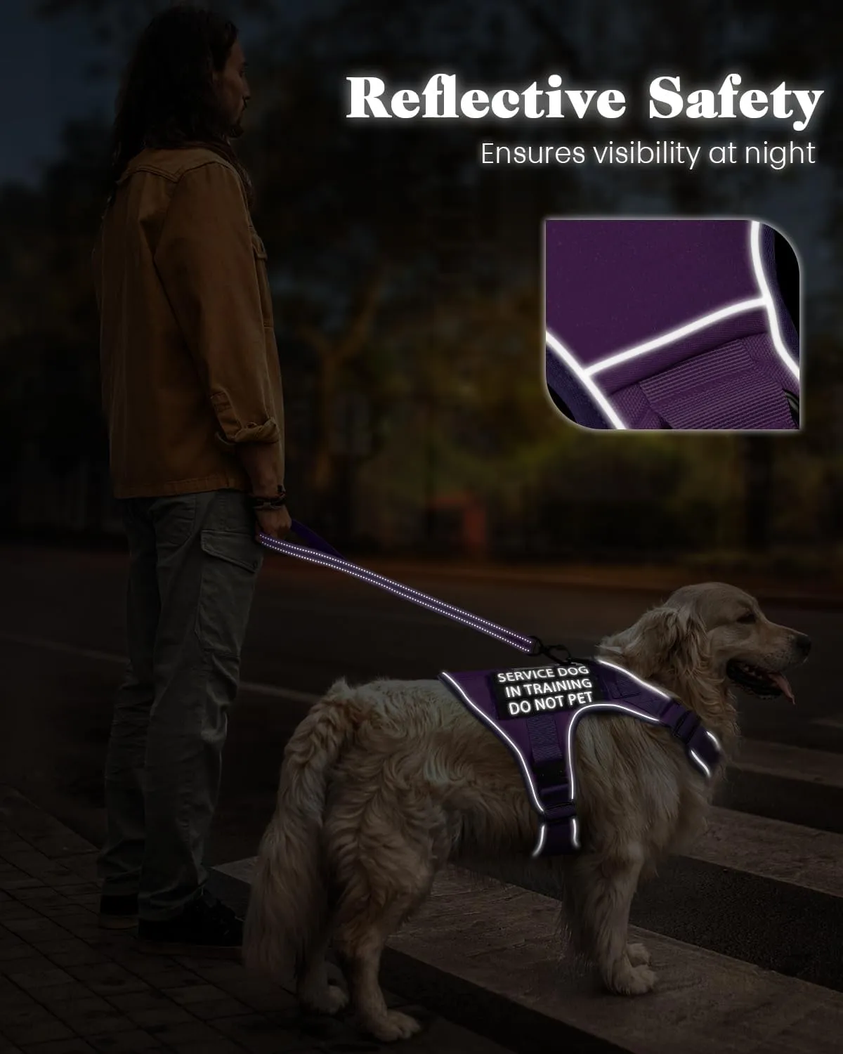Reflective Service Dog in Training Vest Harness for Medium Large Dogs, Adjustable Heavy Duty Padded Purple Dog Harness, with Front Clip and Metal Buckles Do Not Pet for Training, Hiking