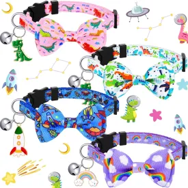 Reginary 4 Packs Cat Collar with Bow Tie Cute Safety Breakaway Collar with Bells Adjustable Halloween Cat Bowtie Universe Dinosaur Pattern Accessories for Kitty
