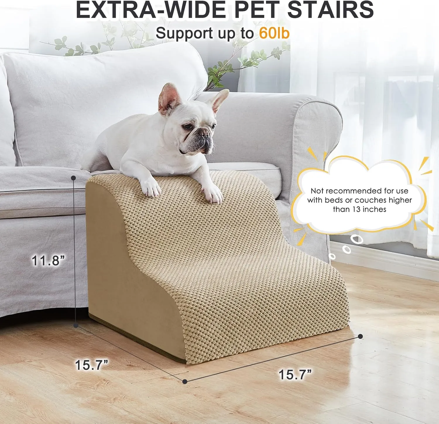 Ryoizen Dog Stairs for Small Pets, 2 Tiers Steps for Bed Couch up to 14'', High Density Foam Ramp Ladder for Puppy, Cat, Waterproof Non-Slip Pet Steps, Tan
