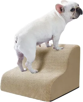 Ryoizen Dog Stairs for Small Pets, 2 Tiers Steps for Bed Couch up to 14'', High Density Foam Ramp Ladder for Puppy, Cat, Waterproof Non-Slip Pet Steps, Tan