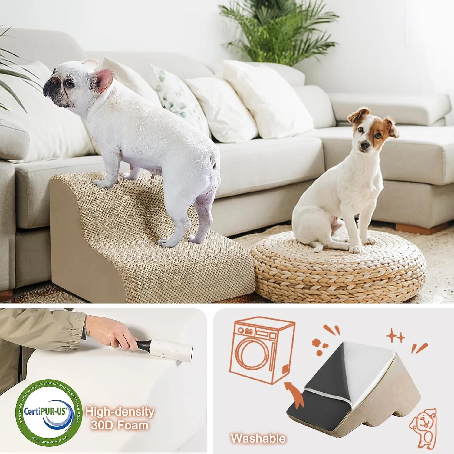 Ryoizen Dog Stairs for Small Pets, 2 Tiers Steps for Bed Couch up to 14'', High Density Foam Ramp Ladder for Puppy, Cat, Waterproof Non-Slip Pet Steps, Tan