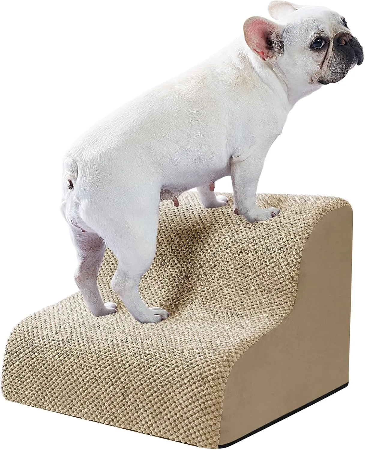 Ryoizen Dog Stairs for Small Pets, 2 Tiers Steps for Bed Couch up to 14'', High Density Foam Ramp Ladder for Puppy, Cat, Waterproof Non-Slip Pet Steps, Tan