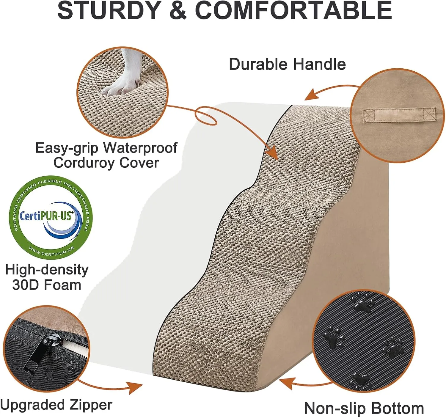 Ryoizen Dog Stairs for Small Pets, 2 Tiers Steps for Bed Couch up to 14'', High Density Foam Ramp Ladder for Puppy, Cat, Waterproof Non-Slip Pet Steps, Tan