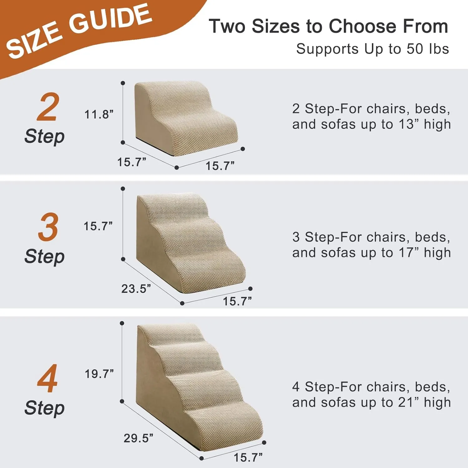 Ryoizen Dog Stairs for Small Pets, 2 Tiers Steps for Bed Couch up to 14'', High Density Foam Ramp Ladder for Puppy, Cat, Waterproof Non-Slip Pet Steps, Tan