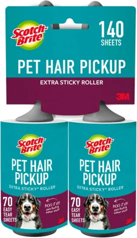 Scotch-Brite Pet Hair Pickup Extra Sticky Lint Roller, Designed for Removing Fur   Fluff on Couches, Clothes, Dog and Cat Beds, & More, 2 Pack, 140 Easy-Tear Adhesive Sheets Total