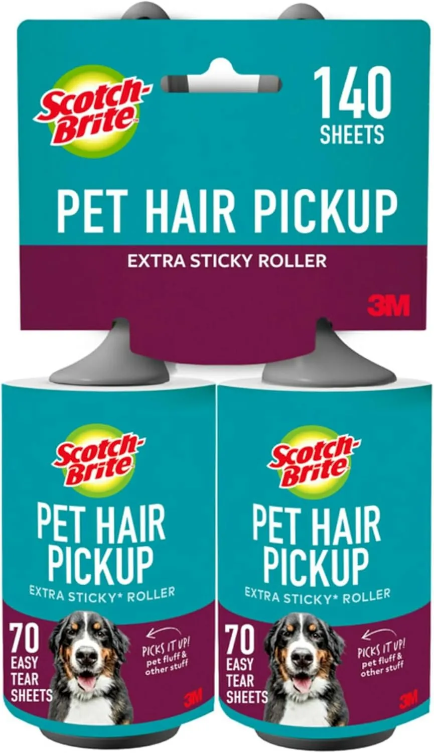 Scotch-Brite Pet Hair Pickup Extra Sticky Lint Roller, Designed for Removing Fur   Fluff on Couches, Clothes, Dog and Cat Beds, & More, 2 Pack, 140 Easy-Tear Adhesive Sheets Total