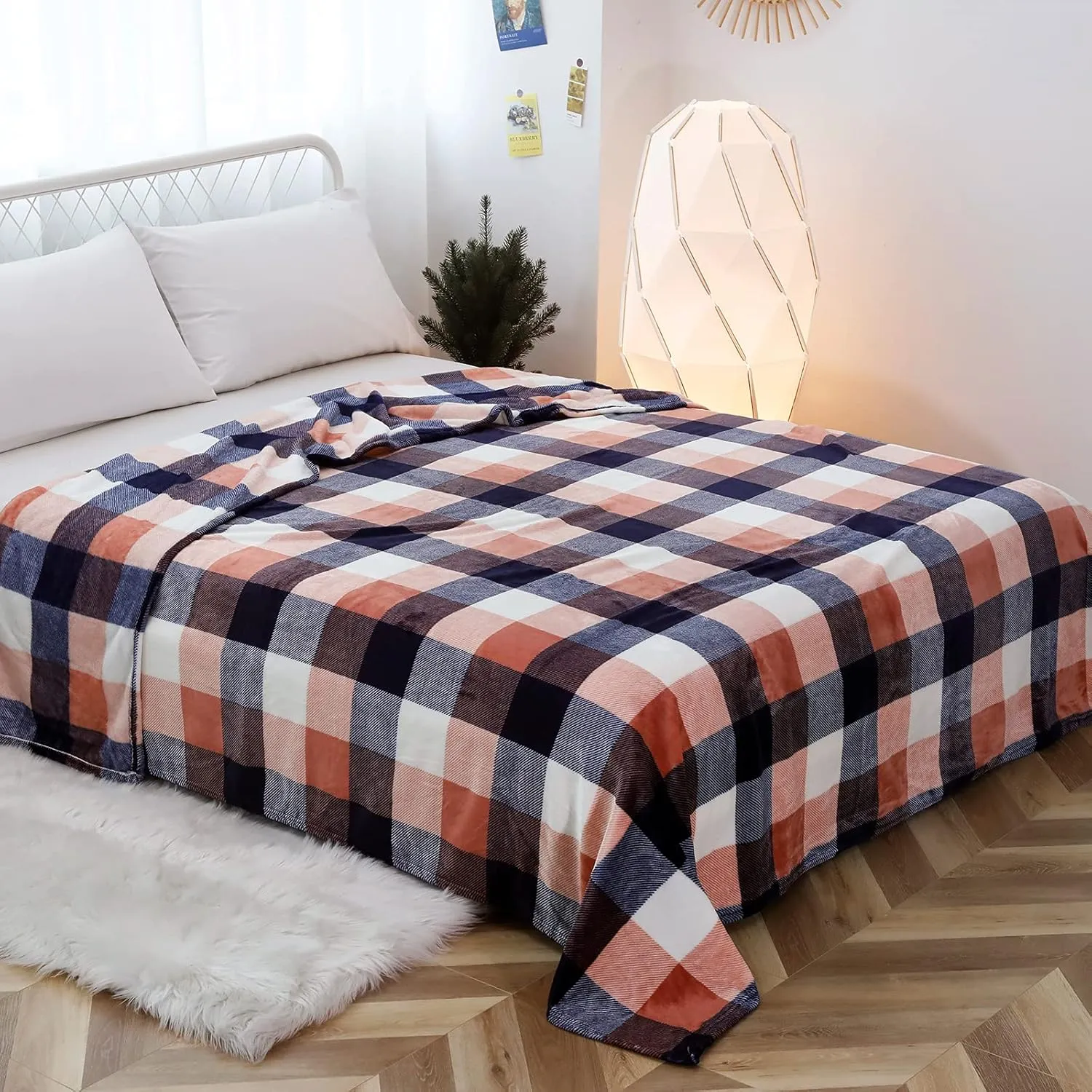 SOCHOW Buffalo Plaid Flannel Fleece Throw Blanket 60 x 80 Inches, Soft Lightweight Cozy All Season Coral Pink Checkered Blanket for Bed, Couch, Car