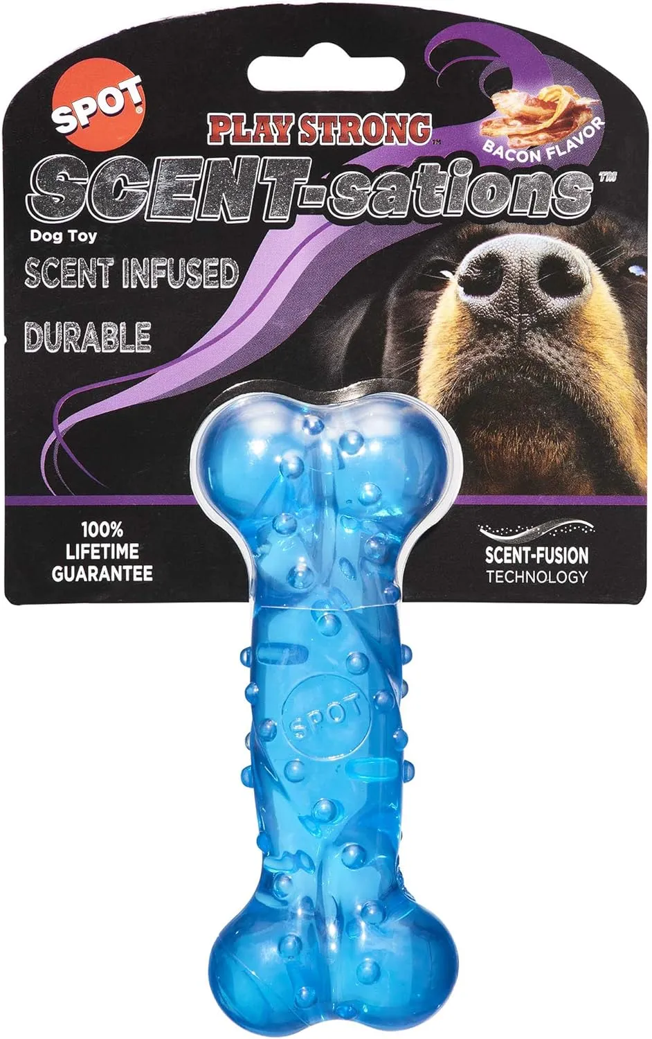 SPOT Play Strong Scent-sations Bone - Scent-Infused, Strong, Durable TPR Rubber, Heavy Duty Dog Toys for Aggressive Chewers up to 45lbs, Perfect for Puppies & Medium Breeds, 6in, Bacon Flavored