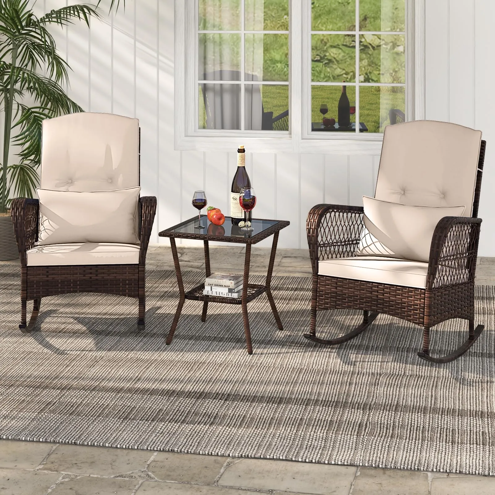 Tangkula 3 Piece Patio Rocker Set, Patiojoy Outdoor Wicker Rocking Chairs w/Double-Layer Coffee Table