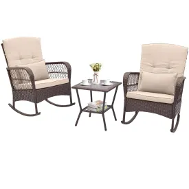 Tangkula 3 Piece Patio Rocker Set, Patiojoy Outdoor Wicker Rocking Chairs w/Double-Layer Coffee Table
