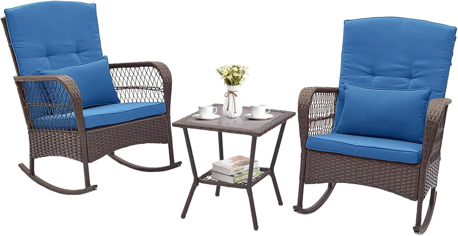 Tangkula 3 Piece Patio Rocker Set, Patiojoy Outdoor Wicker Rocking Chairs w/Double-Layer Coffee Table