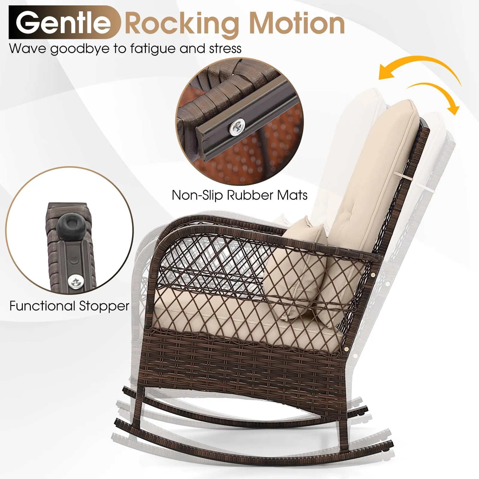Tangkula 3 Piece Patio Rocker Set, Patiojoy Outdoor Wicker Rocking Chairs w/Double-Layer Coffee Table