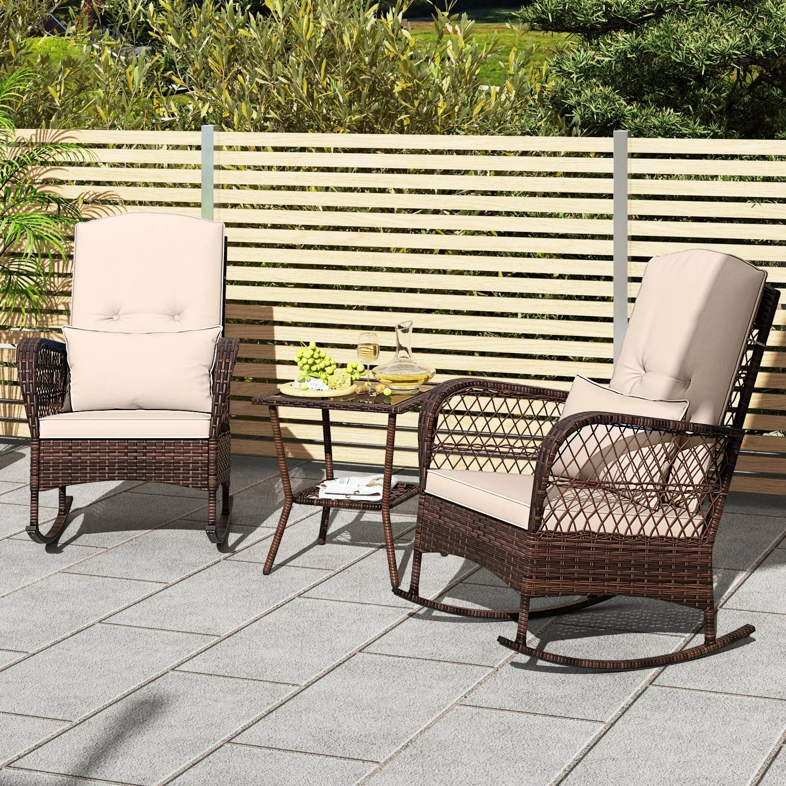 Tangkula 3 Piece Patio Rocker Set, Patiojoy Outdoor Wicker Rocking Chairs w/Double-Layer Coffee Table