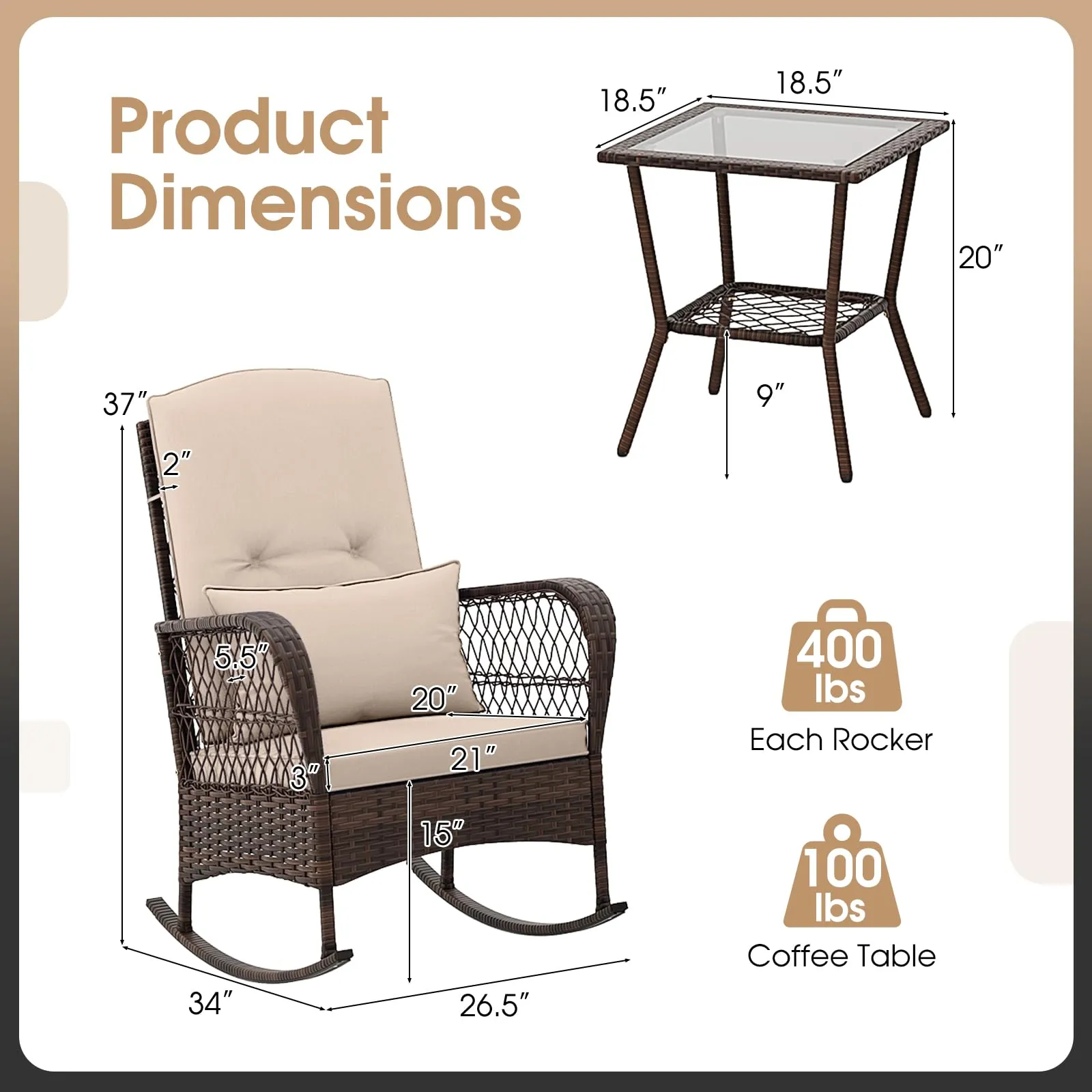 Tangkula 3 Piece Patio Rocker Set, Patiojoy Outdoor Wicker Rocking Chairs w/Double-Layer Coffee Table
