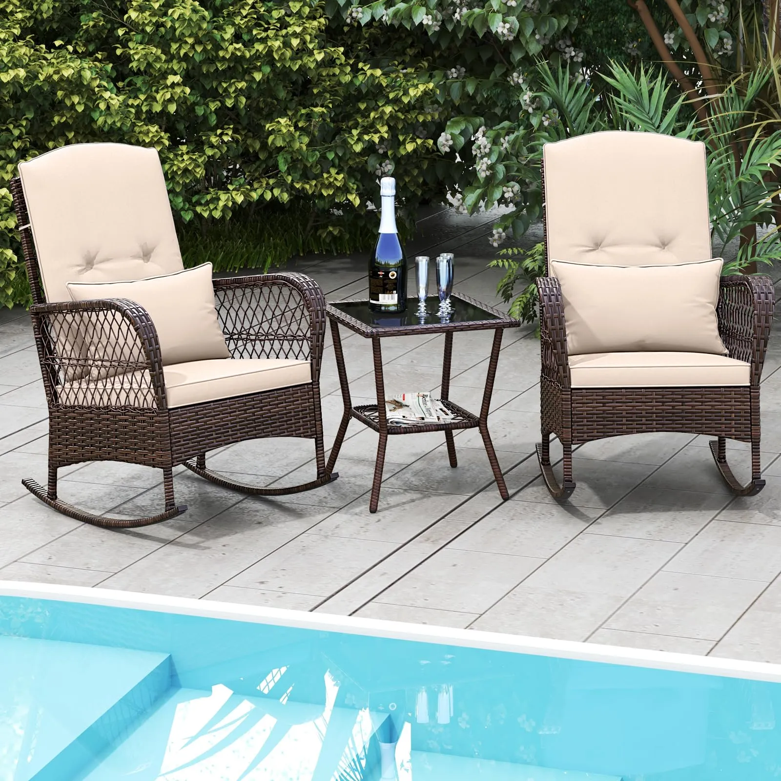 Tangkula 3 Piece Patio Rocker Set, Patiojoy Outdoor Wicker Rocking Chairs w/Double-Layer Coffee Table