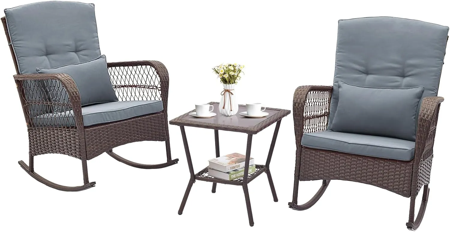 Tangkula 3 Piece Patio Rocker Set, Patiojoy Outdoor Wicker Rocking Chairs w/Double-Layer Coffee Table