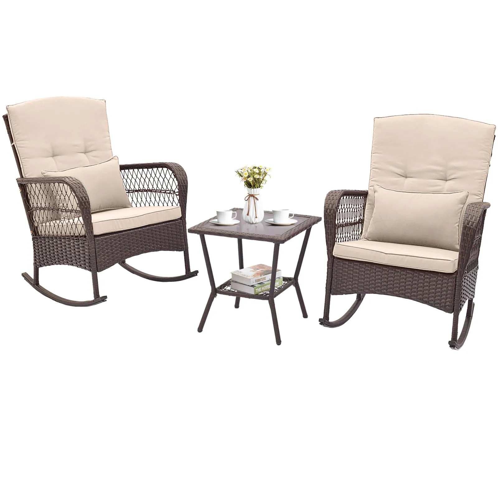 Tangkula 3 Piece Patio Rocker Set, Patiojoy Outdoor Wicker Rocking Chairs w/Double-Layer Coffee Table