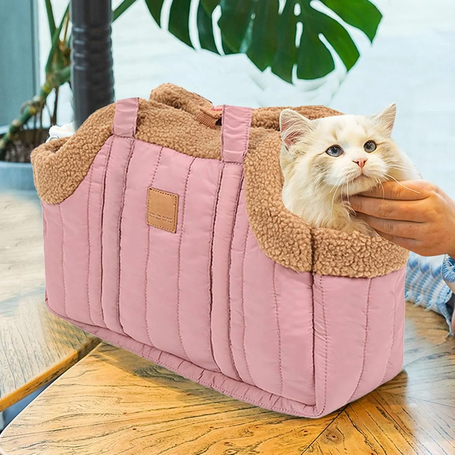 Winter Fleece Warm Dog Tote Bag, 2024 New Small Dog Carrier Purse, Waterproof Pet Travel Handbag, Carrier Purse with Secure Harness Clip for Shopping, Hiking and Walking (Pink)